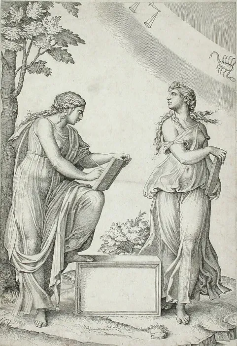 Framed Print : Two Sibyls with Signs of Zodiac, between 1517 and 1520. Creator: Marcantonio Raimondi Framed Print : Two Sibyls with Signs of Zodiac, between 1517 and 1520. Creator: Marcantonio Raimondi