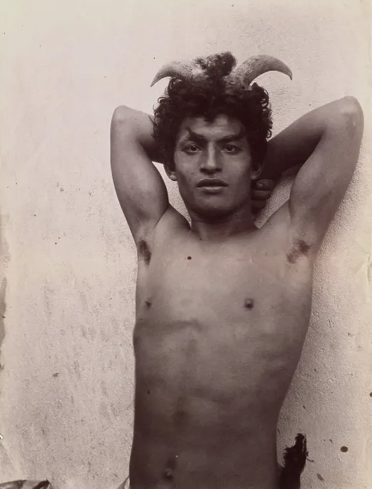 Framed Print : A Sicilian boy naked from the waist up, his hands behind his head, wearing horns, 3 Feb 1899. Creator: Count Wilhelm von Gloeden Framed Print : A Sicilian boy naked from the waist up, his hands behind his head, wearing horns, 3 Feb 1899. Creator: Count Wilhelm von Gloeden