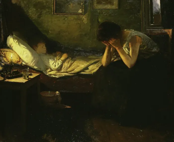 Framed Print : The sick Child, 1906. Creator: Oscar Wergeland Framed Print : The sick Child, 1906. Creator: Oscar Wergeland