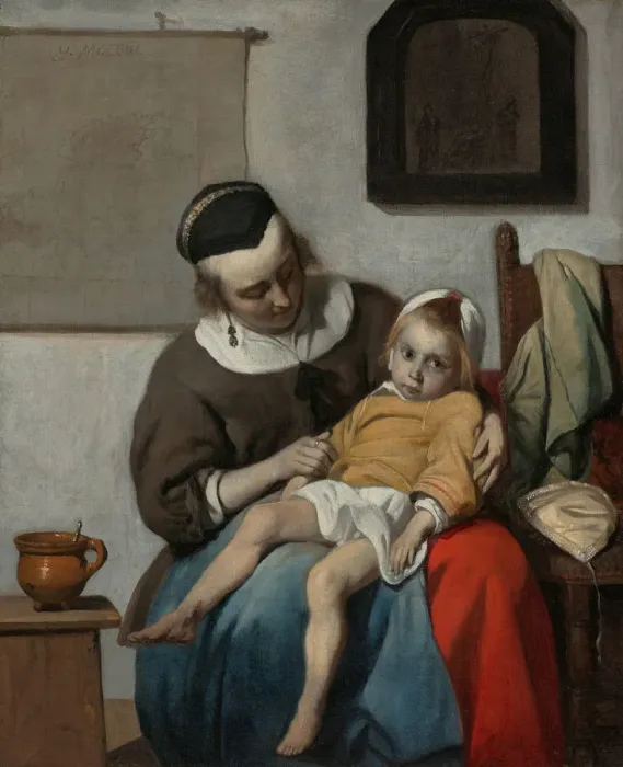 Framed Print : The Sick Child, ca 1663. Artist: Metsu, Gabriel (1629-1667) Framed Print : The Sick Child, ca 1663. Artist: Metsu, Gabriel (1629-1667)