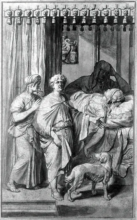 Framed Print : A sick, dying or dead woman lying on a bed in the presence of three figures, c1700. Creator: Gerard Hoet Framed Print : A sick, dying or dead woman lying on a bed in the presence of three figures, c1700. Creator: Gerard Hoet