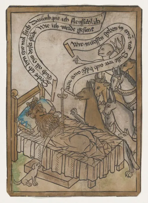 Framed Print : The Sick Lion Summons the Animals to His Bedside, from the Sick Lion blockbook, 2nd ed Framed Print : The Sick Lion Summons the Animals to His Bedside, from the Sick Lion blockbook, 2nd ed