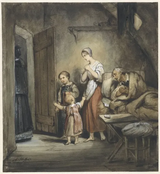 Framed Print : Sick man in bed with a woman and two children next to him, 1805-1858. Creator: Ary Scheffer Framed Print : Sick man in bed with a woman and two children next to him, 1805-1858. Creator: Ary Scheffer