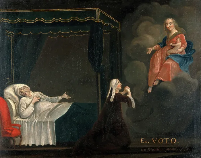 Framed Print : A sick man in bed, a woman praying to the Virgin and Child, c1750s. Creators: Unknown, Du Moulin Framed Print : A sick man in bed, a woman praying to the Virgin and Child, c1750s. Creators: Unknown, Du Moulin