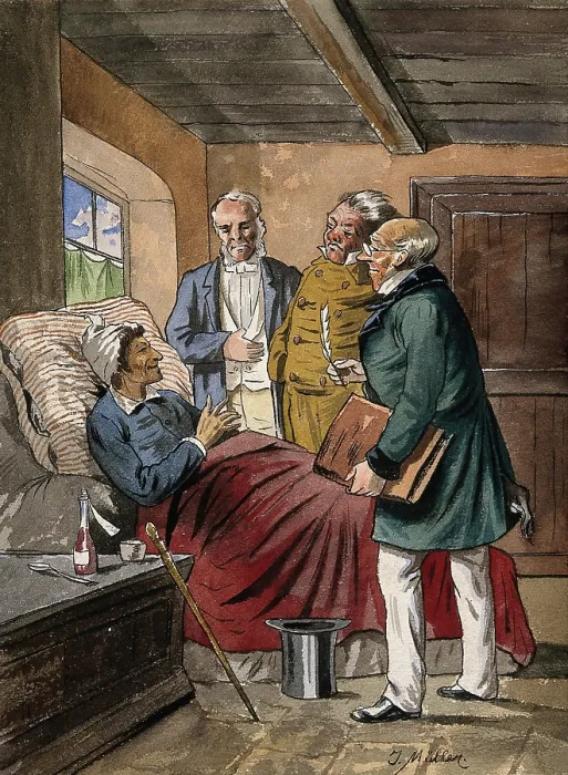 Framed Print : A sick man at home in bed discussing his case with three physicians, c1760s. Creator: Tobias Muller Framed Print : A sick man at home in bed discussing his case with three physicians, c1760s. Creator: Tobias Muller