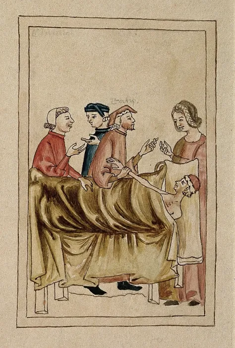 Framed Print : A sick man lies in bed while a physician takes his pulse and others consult. Creator: Unknown Framed Print : A sick man lies in bed while a physician takes his pulse and others consult. Creator: Unknown