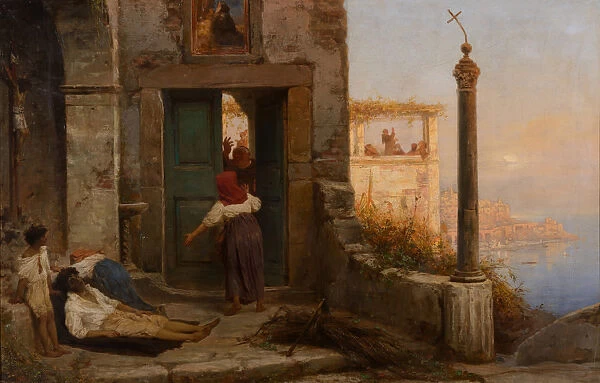 Sick man at the walls of a Catholic monastery, 1874