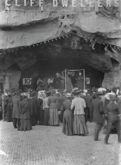 Framed Print : Sidewalk performance or carnival performance, Cliff Dwellers, between 1896 and 1911. Creator: Arnold Genthe Framed Print : Sidewalk performance or carnival performance, Cliff Dwellers, between 1896 and 1911. Creator: Arnold Genthe