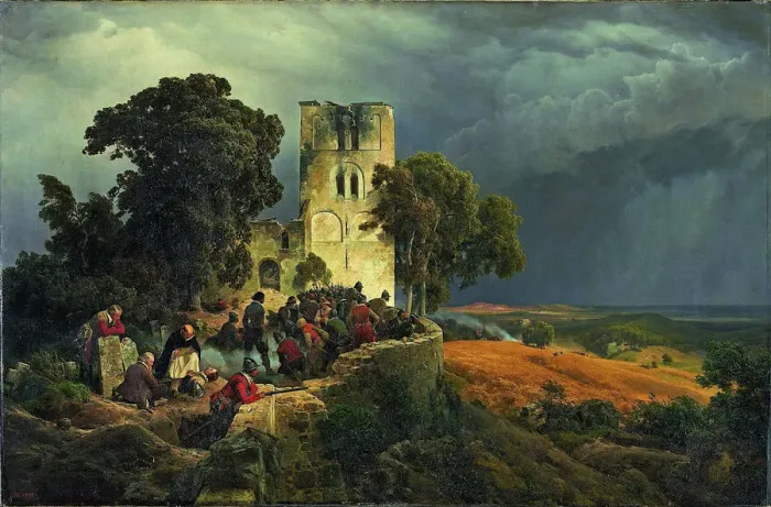 Framed Print : The Siege (Defense of a Church Courtyard During the Thirty Years? War), 1848. Artist: Lessing, Carl Friedrich (1808-1880) Framed Print : The Siege (Defense of a Church Courtyard During the Thirty Years? War), 1848. Artist: Lessing, Carl Friedrich (1808-1880)