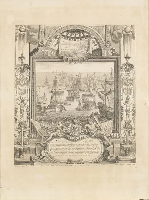 Framed Print : The siege of Gaeta in 1707. Creator: Corvinus; Johann August (1683-1738) Framed Print : The siege of Gaeta in 1707. Creator: Corvinus; Johann August (1683-1738)