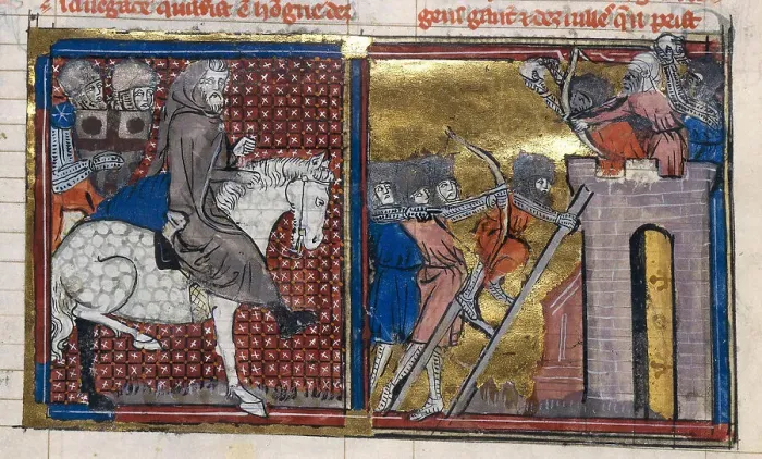 Framed Print : The Siege of Nish in 1096 (From Li rommans de Godefroy de Buillon et de Salehadin'), 1337. Creator: Maître de Fauvel (active 1314-1340). The Siege of Nish in 1096 (From Li rommans de Godefroy de Buillon et de Salehadin'), 1337 Framed Print : The Siege of Nish in 1096 (From Li rommans de Godefroy de Buillon et de Salehadin'), 1337. Creator: Maître de Fauvel (active 1314-1340). The Siege of Nish in 1096 (From Li rommans de Godefroy de Buillon et de Salehadin'), 1337