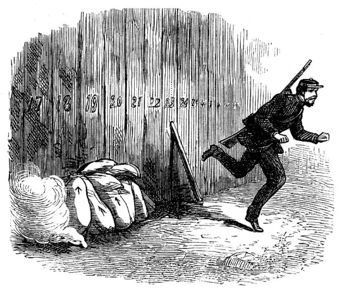 Framed Print : Siege Operations at Chatham: lighting the fuse for the powder-bags, 1871. Creator: Unknown Framed Print : Siege Operations at Chatham: lighting the fuse for the powder-bags, 1871. Creator: Unknown