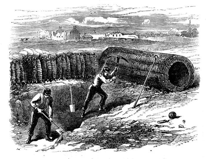 Framed Print : Siege Operations at Chatham: sappers working behind sap roller, 1871. Creator: Unknown Framed Print : Siege Operations at Chatham: sappers working behind sap roller, 1871. Creator: Unknown
