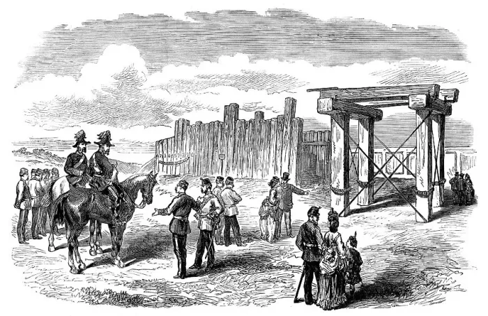 Framed Print : Siege Operations at Chatham: stockade prepared for blowing up with gun-cotton and powder, 1871. Creator: Unknown Framed Print : Siege Operations at Chatham: stockade prepared for blowing up with gun-cotton and powder, 1871. Creator: Unknown