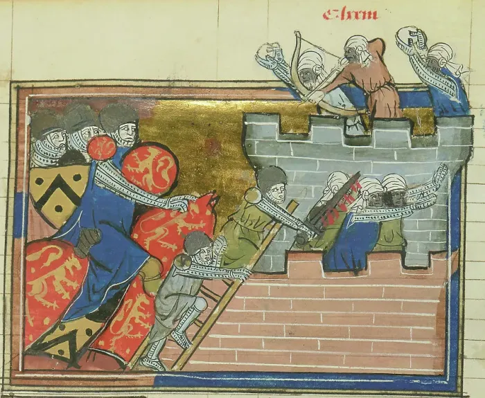 Framed Print : The siege of Shaizar in 1157 (From Li rommans de Godefroy de Buillon et de Salehadin'), 1337. Creator: Maître de Fauvel (active 1314-1340). The siege of Shaizar in 1157 (From Li rommans de Godefroy de Buillon et de Salehadin') Framed Print : The siege of Shaizar in 1157 (From Li rommans de Godefroy de Buillon et de Salehadin'), 1337. Creator: Maître de Fauvel (active 1314-1340). The siege of Shaizar in 1157 (From Li rommans de Godefroy de Buillon et de Salehadin')