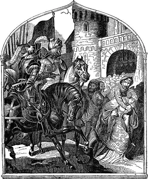 The siege of Weinsbergs castle and the loyal women 1140 (Illustration from the Geschichte des deutschen Volkes by E. Duller), 1840. Artist: Kirchhoff, Johann Jakob (1796-1848)