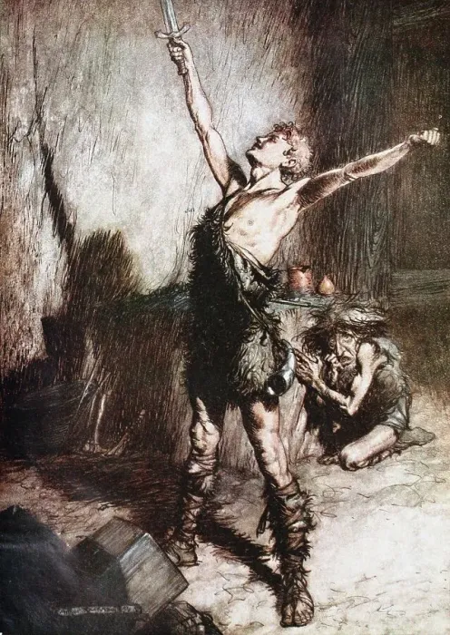 Framed Print : Siegfried forges his sword. Illustration for Siegfried and The Twilight of the Gods by Richard Wag Artist: Rackham, Arthur (1867-1939) Framed Print : Siegfried forges his sword. Illustration for Siegfried and The Twilight of the Gods by Richard Wag Artist: Rackham, Arthur (1867-1939)