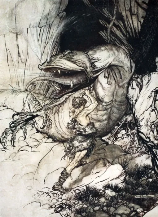 Framed Print : Siegfried kills Fafner, 1924. Artist: Arthur Rackham Framed Print : Siegfried kills Fafner, 1924. Artist: Arthur Rackham