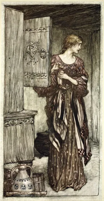Framed Print : Sieglinde prepares Hundings draught for the night, 1910. Artist: Arthur Rackham Framed Print : Sieglinde prepares Hundings draught for the night, 1910. Artist: Arthur Rackham