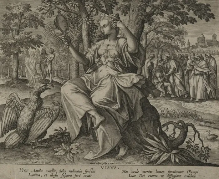 Framed Print : Sight (Visus), from the Fiver Senses. n. d. Creator: After Maerten de Vos Framed Print : Sight (Visus), from the Fiver Senses. n. d. Creator: After Maerten de Vos