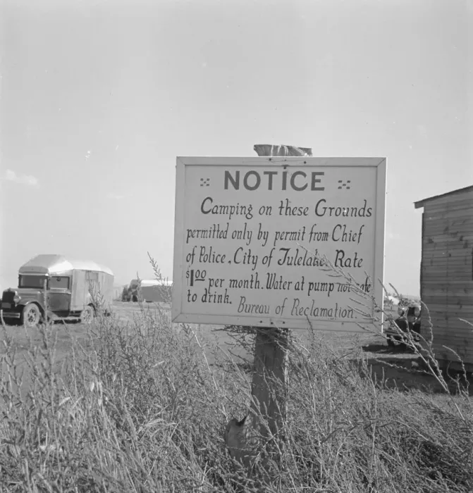 Framed Print : Sign on camp site opposite potato packing sheds, Tulelake, Siskiyou County, California, 1939. Creator: Dorothea Lange Framed Print : Sign on camp site opposite potato packing sheds, Tulelake, Siskiyou County, California, 1939. Creator: Dorothea Lange