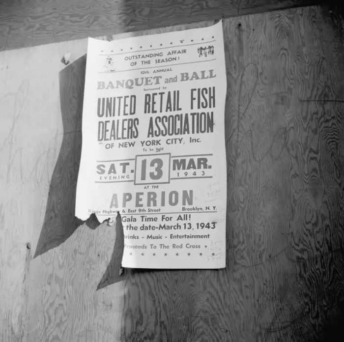 Framed Print : A sign at the Fulton fish market advertising a fish dealers banquet and hall, New York, 1943. Creator: Gordon Parks Framed Print : A sign at the Fulton fish market advertising a fish dealers banquet and hall, New York, 1943. Creator: Gordon Parks