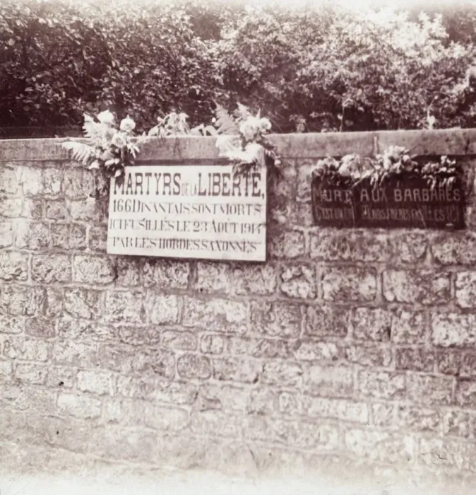 Framed Print : Sign in memory of civilians who were shot by the Germans, Dinant, Belgium, c1914-c1918 Framed Print : Sign in memory of civilians who were shot by the Germans, Dinant, Belgium, c1914-c1918