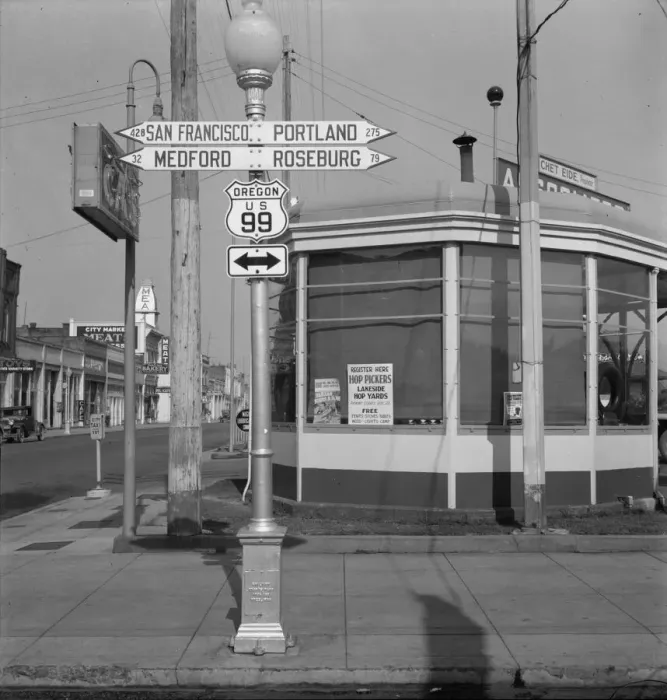 Framed Print : Sign of service station, U. S. 99, Josephine County, Oregon, 1939. Creator: Dorothea Lange Framed Print : Sign of service station, U. S. 99, Josephine County, Oregon, 1939. Creator: Dorothea Lange