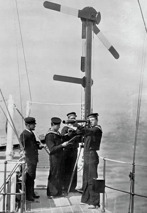 Framed Print : Signalling by semaphore on board HMS Camperdown, 1895. Artist: Gregory & Co Framed Print : Signalling by semaphore on board HMS Camperdown, 1895. Artist: Gregory & Co