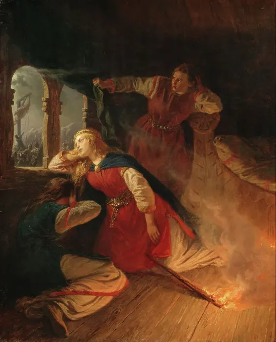 Framed Print : Signe Seeks Death in the Flames of Her Bower, mid-late 19th century. Creator: Vilhelm Wallander Framed Print : Signe Seeks Death in the Flames of Her Bower, mid-late 19th century. Creator: Vilhelm Wallander