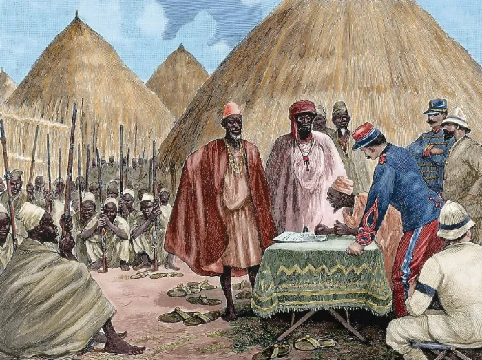 Framed Print : Signing a treaty between French colonists and the heads of the Kingdom of Tamisso, Africa, 1892. Creator: Unknown Framed Print : Signing a treaty between French colonists and the heads of the Kingdom of Tamisso, Africa, 1892. Creator: Unknown