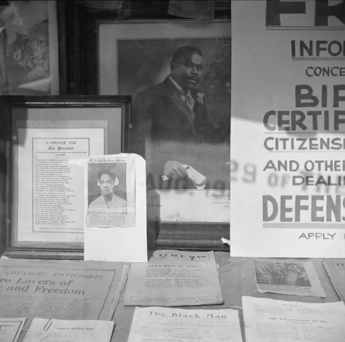 Framed Print : Signs in the windows of a Marcus Garvey club in the Harlem area, 1943. Creator: Gordon Parks Framed Print : Signs in the windows of a Marcus Garvey club in the Harlem area, 1943. Creator: Gordon Parks