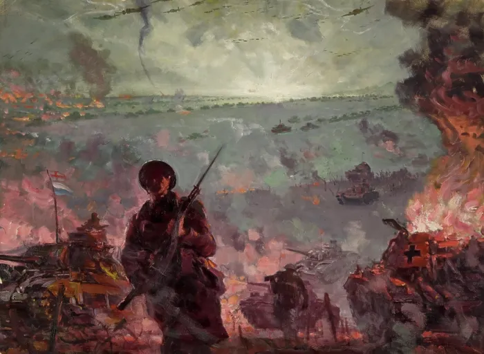 Framed Print : Silhouette of soldier with bayonet in foreground of coastal attack scene... between 1939 and 1946. Creators: Unknown, Central Office of Information Framed Print : Silhouette of soldier with bayonet in foreground of coastal attack scene... between 1939 and 1946. Creators: Unknown, Central Office of Information