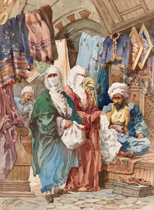 Framed Print : The Silk Bazaar. Artist: Preziosi, Amedeo (1816-1882) Framed Print : The Silk Bazaar. Artist: Preziosi, Amedeo (1816-1882)