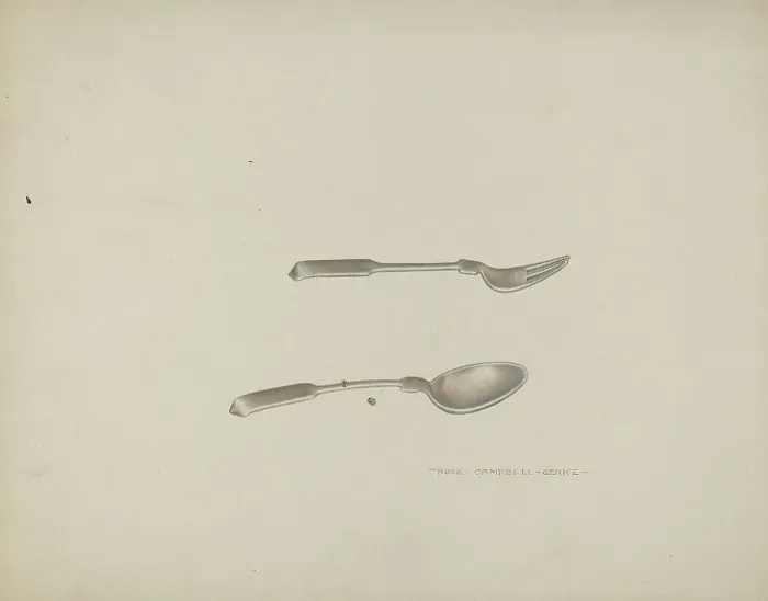 Framed Print : Silver Baby Spoon and Fork, c. 1939. Creator: Rose Campbell-Gerke Framed Print : Silver Baby Spoon and Fork, c. 1939. Creator: Rose Campbell-Gerke