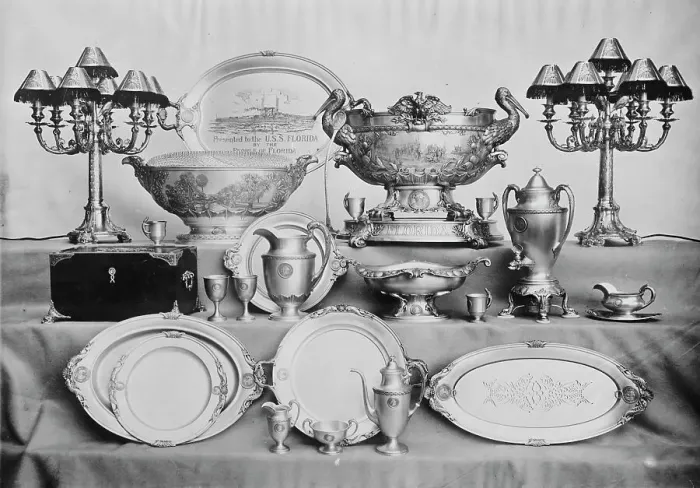 Framed Print : Silver Belonging To U.S.S. Florida, 1911. Creator: Harris & Ewing. Silver Belonging To U.S.S. Florida, 1911. Creator: Harris & Ewing Framed Print : Silver Belonging To U.S.S. Florida, 1911. Creator: Harris & Ewing. Silver Belonging To U.S.S. Florida, 1911. Creator: Harris & Ewing