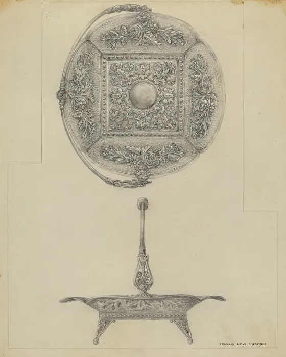 Framed Print : Silver Cake Dish, c. 1936. Creator: Francis Law Durand Framed Print : Silver Cake Dish, c. 1936. Creator: Francis Law Durand