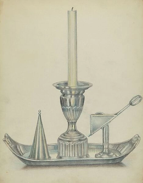 Silver Candlestick with Two Snuffers, c. 1936. Creator: Herbert Russin