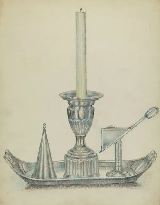 Framed Print : Silver Candlestick with Two Snuffers, c. 1936. Creator: Herbert Russin Framed Print : Silver Candlestick with Two Snuffers, c. 1936. Creator: Herbert Russin