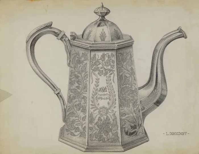 Framed Print : Silver Chocolate Pot, c. 1936. Creator: Leo Drozdoff Framed Print : Silver Chocolate Pot, c. 1936. Creator: Leo Drozdoff