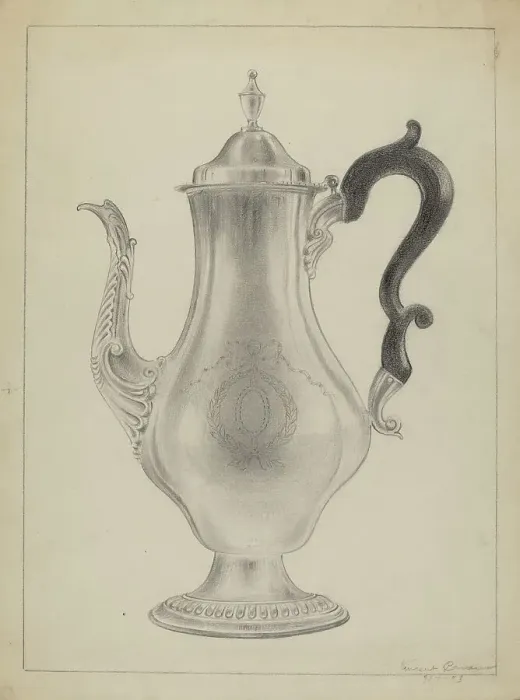 Framed Print : Silver Coffee Pot, 1935 / 1942. Creator: Vincent Carano Framed Print : Silver Coffee Pot, 1935 / 1942. Creator: Vincent Carano
