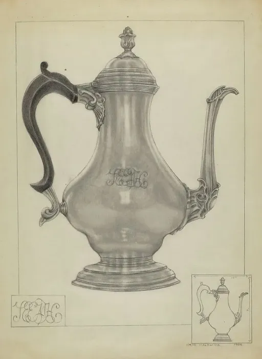 Framed Print : Silver Coffee Pot, c. 1936. Creator: Irene Malawicz Framed Print : Silver Coffee Pot, c. 1936. Creator: Irene Malawicz