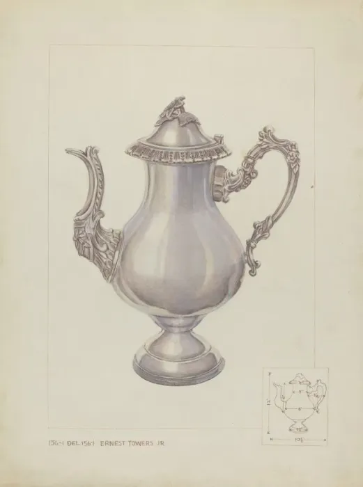 Framed Print : Silver Coffee Pot, c. 1937. Creator: Ernest A Towers Jr Framed Print : Silver Coffee Pot, c. 1937. Creator: Ernest A Towers Jr
