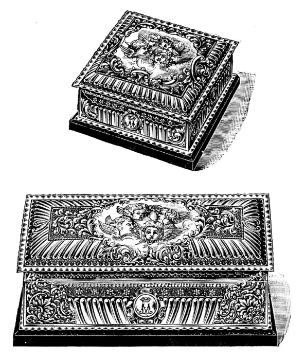 Framed Print : Silver gilt caskets for the toilet-table presented to the Duchess of York by Mr. Walter Mappin, 1895 Creator: Unknown Framed Print : Silver gilt caskets for the toilet-table presented to the Duchess of York by Mr. Walter Mappin, 1895 Creator: Unknown