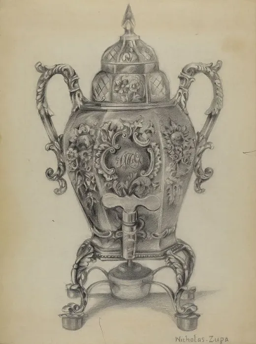Framed Print : Silver Hot Water Urn, c. 1936. Creator: Nicholas Zupa