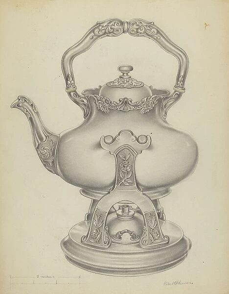 Silver Kettle with Lamp & Stand, c. 1937. Creator: R.E. Schearer. Silver Kettle with Lamp & Stand, c. 1937. Creator: R.E. Schearer