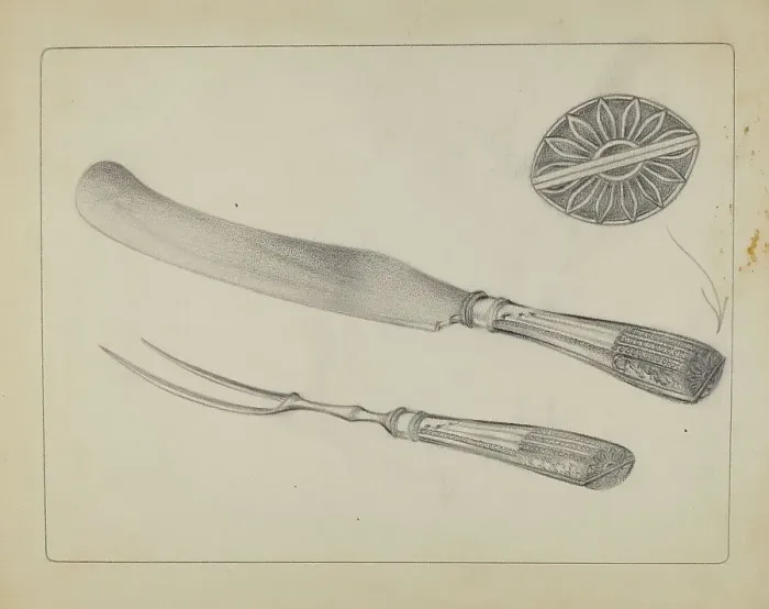 Framed Print : Silver Knife and Fork, c. 1935. Creator: A. Zimet Framed Print : Silver Knife and Fork, c. 1935. Creator: A. Zimet