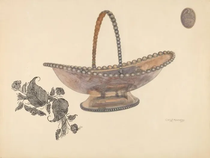 Framed Print : Silver Plate Bread Basket, c. 1937. Creator: Chris Makrenos Framed Print : Silver Plate Bread Basket, c. 1937. Creator: Chris Makrenos