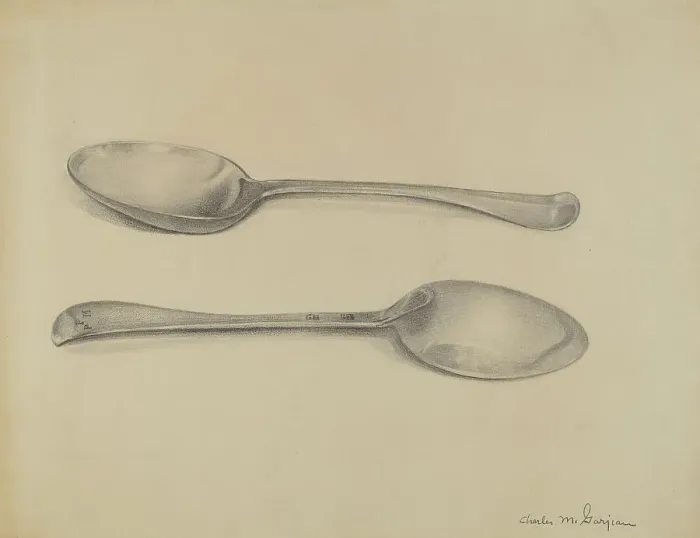 Framed Print : Two Silver Soup Spoons, c. 1936. Creator: Charles Garjian Framed Print : Two Silver Soup Spoons, c. 1936. Creator: Charles Garjian