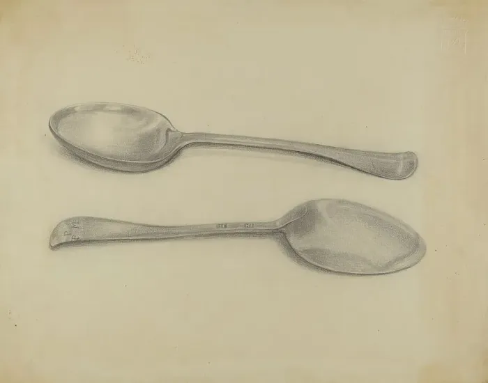 Framed Print : Two Silver Soup Spoons, c. 1936. Creator: Nicholas Zupa Framed Print : Two Silver Soup Spoons, c. 1936. Creator: Nicholas Zupa